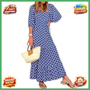 V-Neck Maxi Dress Bohemian Geometric Pattern Loose Fit Ankle Length Summer